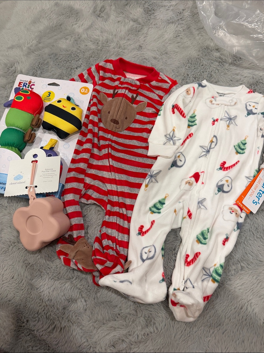 Holiday 3 month set Stripe Reindeer One-Piece Pajamas - with soft bath toy